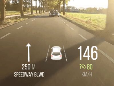 Simple HUD demo  Includes speedometer, cruise control speed indicator, max. speed road sign, no overtaking road sign, adaptive cruise control, lane departure warning, blind spot warning, turn arrow... Car Ui, Digital Projection, Digital Dashboard, Urban Design Concept, 2016 Cars, Car Head, Graphic Motif, Sports App, Road Sign