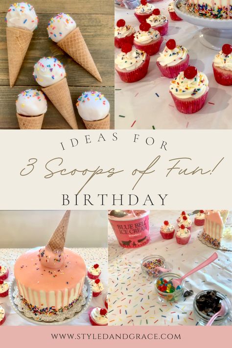 Three Scoops Of Fun Birthday Theme, Three Scoops Of Fun Birthday Party Ideas, Three Scoops Of Fun Birthday Party, 3 Scoops Of Fun Birthday Party, 3 Scoops Of Fun Birthday, Girl Third Birthday Party Theme, Sweets Themed Party, 3 Year Birthday Theme, Fun Birthday Party Decorations