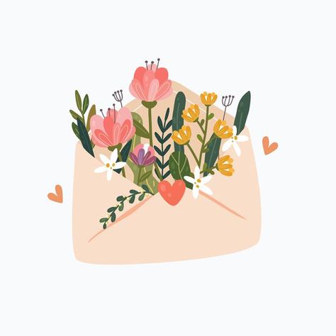 Flowers in an envelope. floral mail. hap... | Premium Vector #Freepik #vector #flower #floral #heart #love Heart Flower Drawing, Envelope Wallpaper, Flowers Card Design, Flowers Drawing Aesthetic, Love Letter Illustration, Flowers In Envelope, Envelope Drawing, Mail Illustration, Flowers Illustration Art