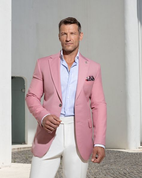 Step into the spotlight with our bold and sophisticated Rosé blazer, paired with crisp white trousers. This striking combination exudes confidence and elegance, perfect for making a lasting impression. Pink Blazer Outfit Men, Pink Blazer Outfit, Handsome Guys, Blazer Outfit, White Trousers, Sport Coats, Pink Blazer, Birthday Outfit, Sport Coat