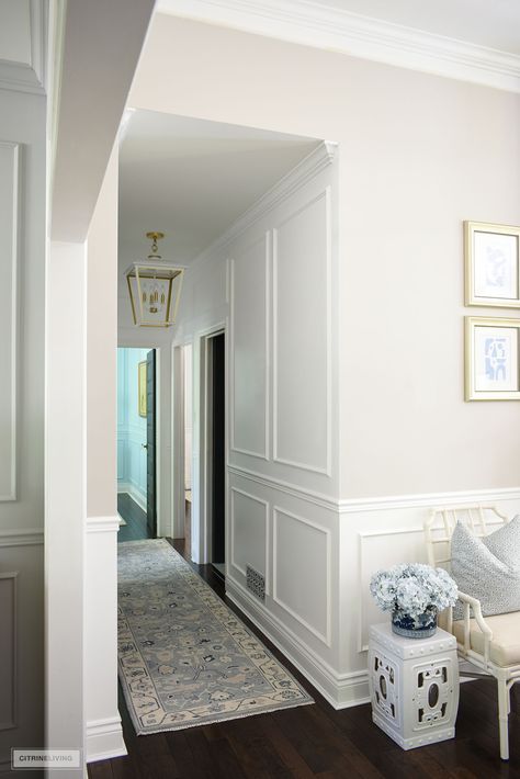 Hallway Moulding Wainscoting, Wall Molding Lighting, Molding Halfway Up Wall, Small Entryway Paneling, Framing Hallway Entrance, Wall Trim Hallway, Hallway With Wainscotting, Ideas For Small Hallways, Entry Molding Ideas