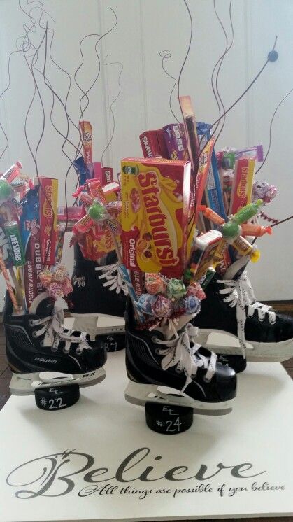 Hockey Candy Ideas, Hockey Centerpieces Ideas, Hockey Senior Night Ideas, Hockey Banquet Ideas, Hockey Tournament Ideas, Hockey Party Ideas, Hockey Senior Night, Hockey Party Decorations, Hockey Centerpieces