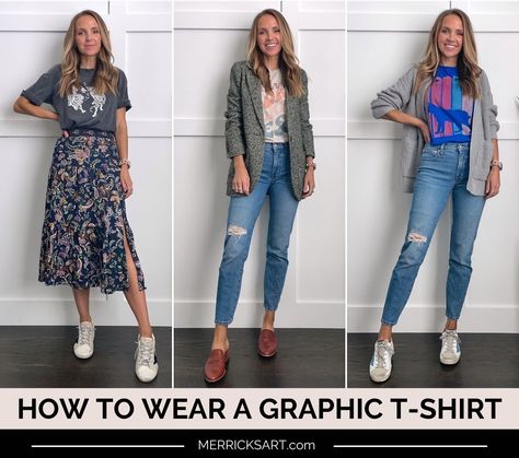 How to Wear a Graphic T-Shirt (3 Outfit Ideas) - Merrick's Art Style A Graphic Tee Outfits, How To Dress Up Graphic Tees, Style A Graphic Tee For Work, Ways To Style A Graphic Tee, Graphic Tee Shirt Outfit, Styling A Graphic Tee, Aesthetic Kirby, Fashion Quiz, Monochrome Makeup