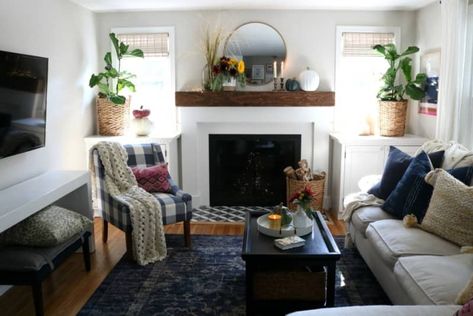 Sofa Perpendicular To Fireplace, Desk By Fireplace, Family Room Design Cozy Fireplace, Midcentury Modern Transitional Living Room, What To Put On Either Side Of Fireplace, Tiny Living Room With Fireplace, Couch In Front Of Fireplace, Fireplace Styling, Stained Floors