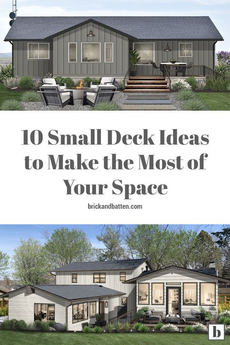 A deck can be a great addition to any home, often acting as a gathering place for friends and family. Even if your yard is on the small side, or if your budget is tight, there are plenty of ways you can incorporate a deck into your exterior design plan. These small deck ideas that will help you make the most of your space. Bungalow Back Deck Ideas, Home Additions Back Of House Deck, Back Deck Ranch Style Home, Small Deck Off Back Of House, Deck Ideas For Modular Home, Small Deck With Large Patio, Small Deck Ideas On A Budget, Deck Plan, Bungalow Backyard