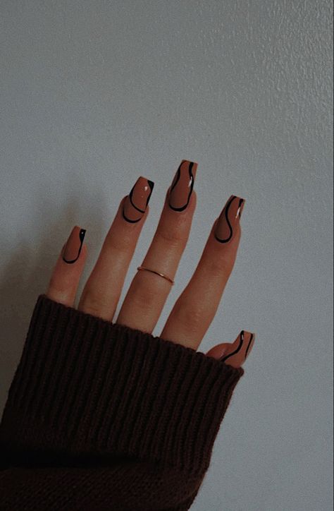 Aesthetic nails black nails nude nails manicure 2021 nails inspo summer 2021 Nail Extension Black Designs, Black And Brown Nail Ideas, Square Swirl Nails, Asthetic Nail Extension Designs, Black And Brown Nails Design, Square Nail Extensions, Black And Neutral Nails, Nail Extensions Ideas, Nails Extension Designs