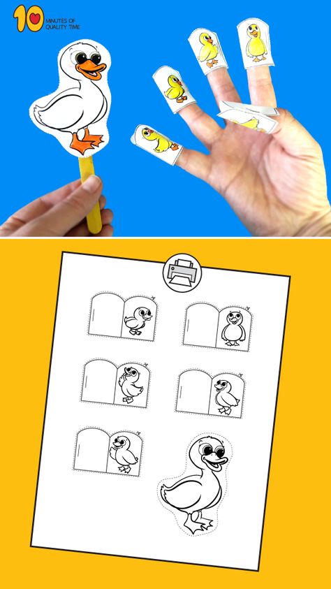 Five Little Ducks Finger Puppets Five Little Ducks Craft, Finger Family Printable, Five Little Ducks Activities, Farm Theme Preschool Activities, Duck Hatching, Printable Puppets, Five Little Ducks, Nursery Rhyme Crafts, Letter D Crafts