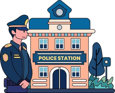 Vector police and police station illustr... | Premium Vector #Freepik #vector #police-man #police-office #policeman #police-officer Police Station Illustration, Police Station Drawing, Office Doodle, Hospital Icon, Police Man, Community Policing, Picture Prompts, Doodle Style, Happy Teachers Day