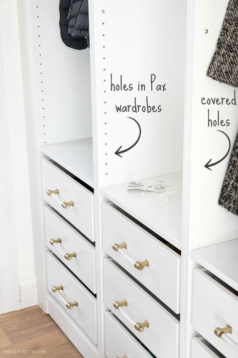 An easy solution for covering the holes in IKEA PAX wardrobes to create a higher-end, custom look! #ikea #ikeapax #ikeacloset Diy Kast, Ikea Closet Hack, Ikea 2015, Pax Closet, Ikea Pax Closet, Closet Ikea, Organized Closet, Ikea Wardrobe, Ikea Closet