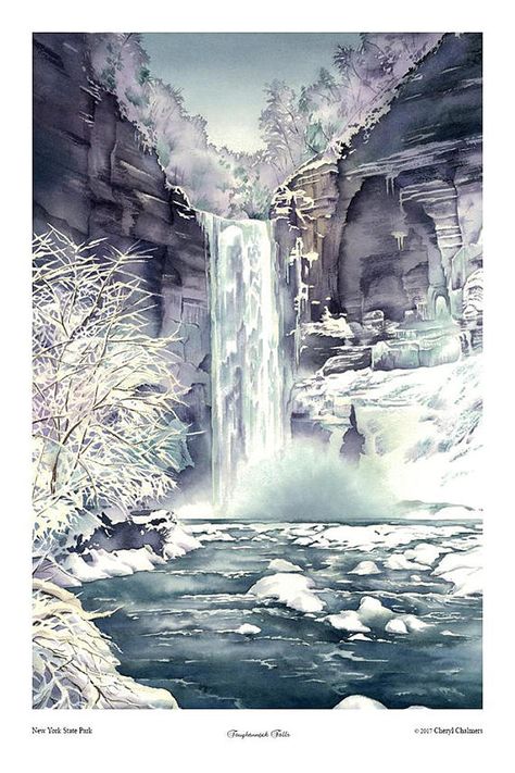 Taughannock Falls, Ithaca NY, Watercolor, Winter, Christmas Gift, Finger Lakes, Snow Scene, Landscape, 12" x 18" Print by Cheryl Chalmers Fantasy Snow Landscape, Snow Village Fantasy Art, Ice Drawing, Snowy Mountains Fantasy Art, Snowy Mountain Concept Art, Fantasy Arctic Landscape, Winter Lake, Mountain Waterfall, Waterfall Art