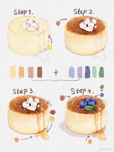 Watercolor Step By Step, Watercolor Food Illustration, Desserts Drawing, Food Art Painting, Dessert Illustration, 귀여운 음식 그림, Food Sketch, Food Artwork, Food Illustration Art