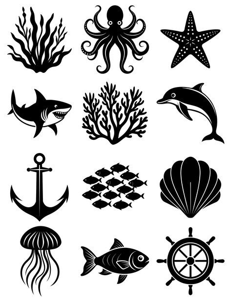 Vector silhouette linocut vector image a... | Premium Vector #Freepik #vector Gurita Vector, Sealife Drawing, Octopus Silhouette, Starfish Art, Dolphin Fish, Fish Silhouette, Laser Engraved Ideas, Summer Illustration, Vector Silhouette