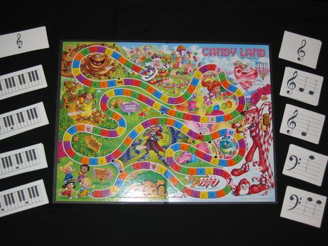 Music Candy Land. Letter the game board A-G reapeated. Then have cards with staff and piano keyboards. Name notes to move. Double letter double move just like the game. Music Board Games, Group Piano Lessons, Piano Teaching Games, Music Camp, Music Teaching Resources, Elementary Music Class, Homeschool Music, Music Lesson Plans, Music Class