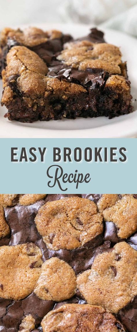 Brookies are the best of both worlds - cookies and brownies combined into one delicious dessert! This easy brookie recipe is perfect for any occasion. Whether you're serving a crowd or just want to indulge in sweet treats, these brookies will hit the spot! A warm, gooey chocolate brownie baked with a classic chocolate chip cookie! Truly the ultimate treat! #brookies #brownies #brookie Brookie Bars Recipe Easy, Gooey Desserts Easy, Crockpot Chocolate Chip Cookie Brownie, Brookie Crockpot Dessert, Crockpot Brookies, Brownies And Cookies Together, How To Make Brookies, Brookies Recipe With Box Brownies, Brookies Recipe Cookie Brownies