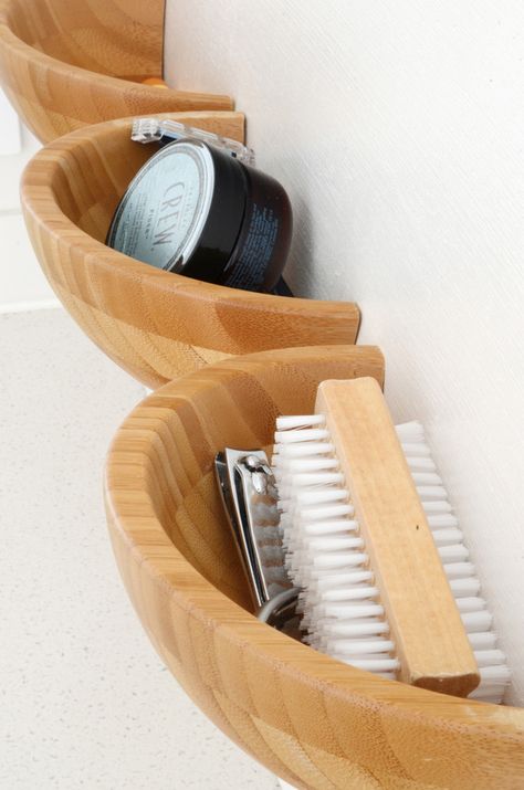 Easy DIY Wooden Half Bowl Storage Over The Door Storage, Bowl Craft, Bowl Storage, Top Bathroom Design, Wood Wall Bathroom, Unique Storage, Wooden Utensils, Storage Diy, Door Storage