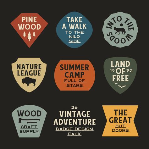 Vintage Adventure Badge Design Pack - Payhip Camping Logo Design Graphics, Outdoors Graphic Design, Camping Branding, Vintage Sticker Design, Outdoors Branding, Outdoors Logo Design, Adventure Symbol, Adventure Logo Design, Camping Logo