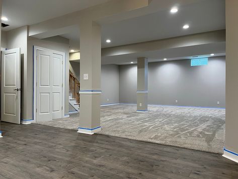 Basement Carpet And Vinyl, Basement With Carpet And Vinyl, Basement Half Carpet Half Wood, Finished Basement Carpet, Basement Carpet Color, Carpet And Vinyl Combinations, Carpet In Basement Ideas, Laminate Wood Flooring Basement, Carpet And Laminate Together