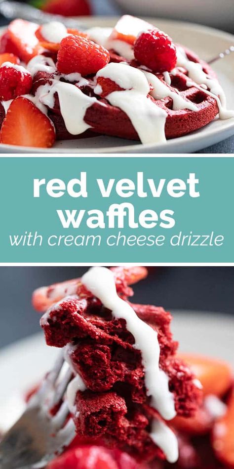 Cream Cheese Waffle Topping, Raspberry Waffles Recipe, Waffles With Cream Cheese, Waffles With Strawberries, Red Velvet Muffins, Cream Cheese Drizzle, Gooey Desserts, Icing Drizzle, Red Velvet Waffles