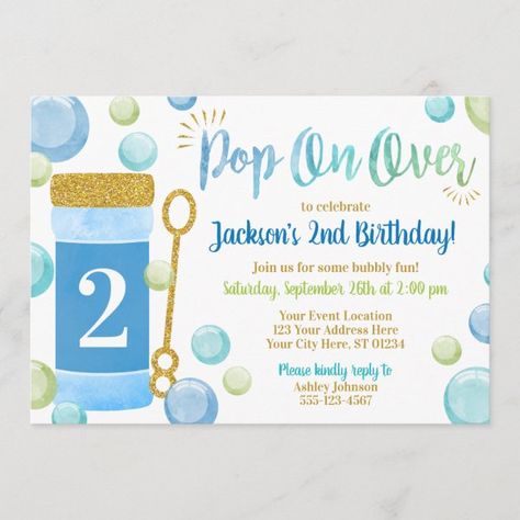 Bubble Birthday Invitation | Watercolor, Blue, Boy Bubble Invitations, Bubble Birthday Party, Two Year Old Birthday Party, Party Bubbles, Second Birthday Boys, Happy Unbirthday, Birthday Party Blue, Two Year Old Birthday, Boy 2nd Birthday