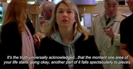 Bridget: It is a truth universally acknowledged that when one part of your life starts going okay, another falls spectacularly to pieces. - Bridget Jones's Diary directed by Sharon Maguire (2001) #love #uk #london #british #gretabritain #helenfieldig #england Novel by Helen Fielding Bridget Jones Diary Quotes, Bridget Jones Diary Movie, Renee Zellweger Bridget Jones, Bridget Jones's Diary, Diary Movie, Bridget Jones Diary, Witty One Liners, Renee Zellweger, Bridget Jones