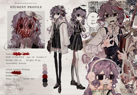 Oc Bio Ideas, Creepy Oc Design, Anime Zombie Oc, Horror Ocs Art, Zombie Oc Drawing, Spooky Character Art, Achooshi Art, Oc Card, Character Bio