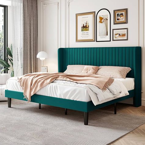 Amazon.com: SHA CERLIN King Size Velvet Bed Frame with Vertical Channel Tufted Wingback Headboard, Upholstered Platform Bed with Wood Slats, No Box Spring Needed, Easy Assembly, Teal : Home & Kitchen Best Platform Beds, Velvet Bed Frame, Headboard Upholstered, King Size Bed Frame, Wingback Headboard, Queen Size Bed Frames, Velvet Bed, Green Bedding, Solid Wood Bed