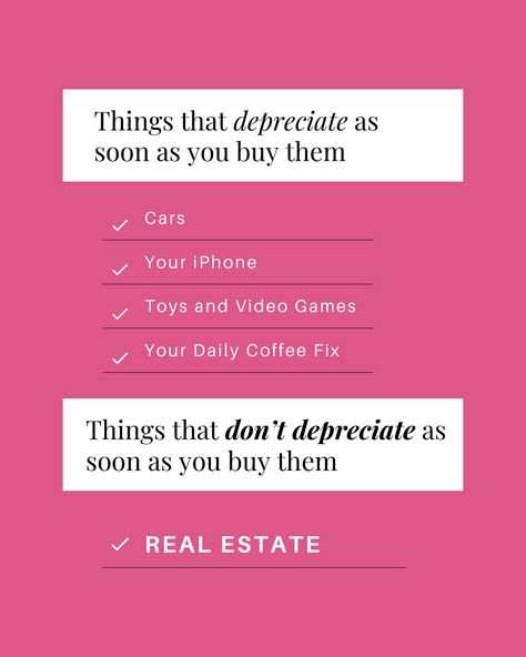 Most things depreciate as soon as you purchase them, which means you’ll never recoup the cost if you were to sell the item. 

But depreciation isn’t a problem when it comes to real estate. Why? 

Real estate nearly always appreciates in value. That means you can buy it and then, down the line when you want to move, you can sell the home for MORE than you paid for it!

This is what makes real estate such a good investment and a vehicle to build your wealth! Real Estate Polls, Daily Positivity, Real Estate Marketing Strategy, Real Estate Marketing Design, Real Estate Quotes, Real Estate Tips, Content Ideas, Marketing Design, Best Investments