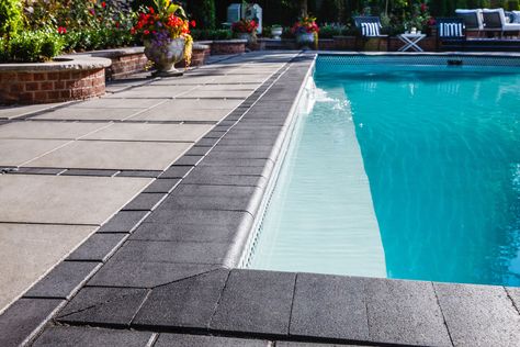 Bullnose pool coping is a great option for serpentine garden walls or rounded poolsides. The units' tighter width and tapered shape makes curves appear soft and very clean. This product gives poolsides, seat walls, and steps a softer appearance. This cap is also perfect to use for outdoor accessories such as kitchens and water features. Pin this now! Pool With Black Coping, Pool Coping Ideas Modern, Concrete Coping Around Pool, Bluestone Pool Coping, Modern Pool Coping, Pool Tile And Coping, Pool Coping And Tile, Pool Coping Ideas, Lap Pool Designs