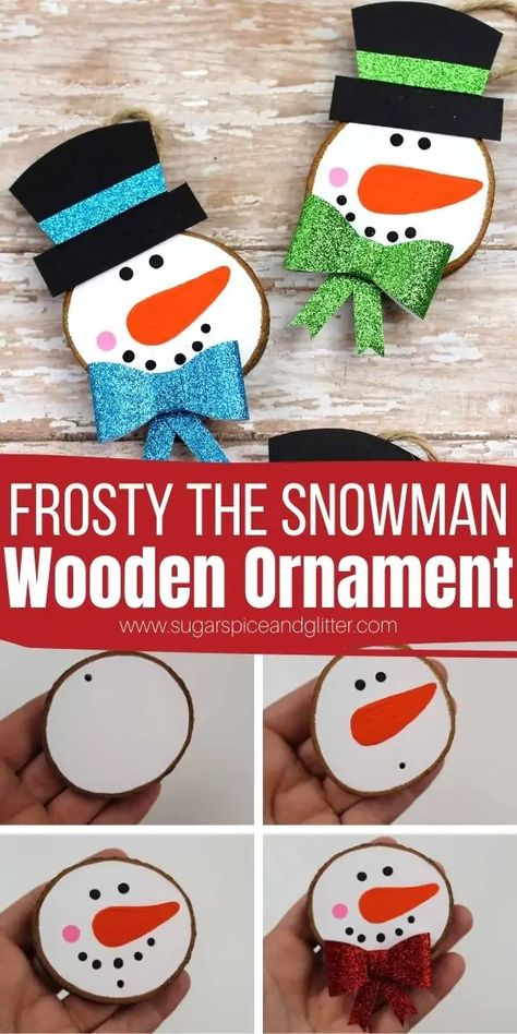 Wooden Ornaments Diy, Holiday Ornaments Diy, Ornaments Diy Kids, Fun Holiday Crafts, Wood Slice Ornaments, Kids Christmas Ornaments, Frosty The Snowman, Holiday Crafts For Kids, Christmas School