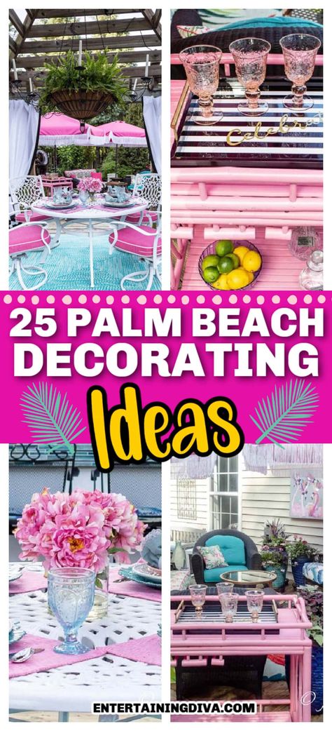 25 Deck Decorating Ideas & A Palm Beach Chic Deck Makeover | Palm Beach Chic Decor Palm Beach Chic Outdoor Decor, Palm Beach Pool Decor, Pink Patio Decor, Pink Outdoor Decor, Colorful Backyard Ideas, Pink Outdoor Furniture, Beach Garden Decor, Painted Pool Deck, Colorful Patio Decorating Ideas