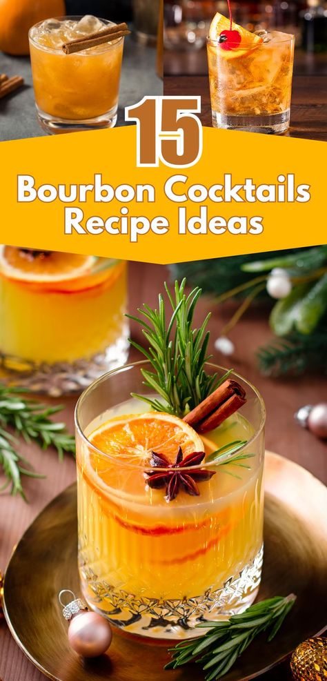 A collection of bourbon cocktails, each creatively garnished with ingredients like citrus slices, cinnamon sticks, rosemary sprigs, and star anise for a festive touch. The vibrant hues of orange, amber, and gold highlight the variety of bourbon drinks, perfect for entertaining or exploring holiday-inspired cocktail recipes. Ideal for bourbon lovers seeking seasonal ideas. Specialty Bourbon Cocktails, Bourbon Based Cocktails, Drinks Made With Bourbon, Coffee Bourbon Cocktail, Bourbon Sidecar Cocktail, Bourbon Whiskey Cocktails, Sweet Bourbon Drinks, Bourbon Old Fashioned Recipes, Big Batch Bourbon Cocktails