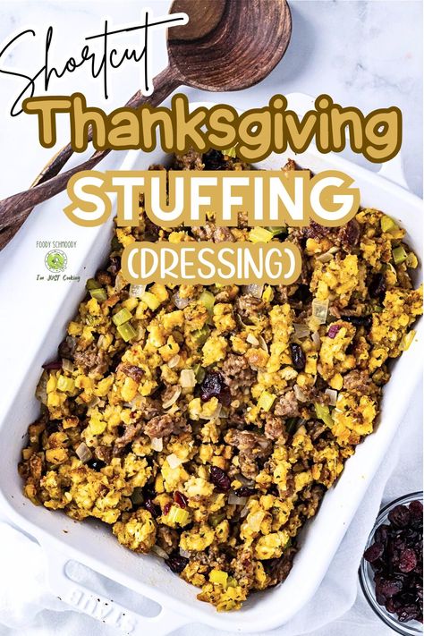 Here's a shortcut stuffing recipe that’s packed with flavor! This easy Thanksgiving stuffing combines boxed stuffing mix with savory sausage and sweet tart craisins for a time-saving side dish. Sauté crumbled sausage with onions and celery, then mix with prepared boxed stuffing and craisins for a perfect blend of textures and flavors. Bake until golden and serve alongside your Thanksgiving turkey. Perfect for a quick, easy Thanksgiving side dish Thanksgiving Stuffing With Sausage, Easy Thanksgiving Stuffing, Boxed Stuffing, Stuffing With Sausage, Thanksgiving Veggies, Cranberry Thanksgiving, Thanksgiving Stuffing Recipes, Thanksgiving Side Dishes Easy, Best Thanksgiving Recipes