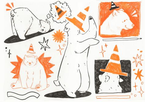 ✨ Bears and their traffic cones, illustration with Caran D'Ache Neocolour II and pen. Cute illustration perfect for home decor. ✨🍊🐻🎨 Crayon Illustration, Cone Illustration, Pen Cute, Traffic Cone, Bear Illustration, Caran D'ache, Sketchbook Art Journal, Sketchbook Art, Graphic Design Fun