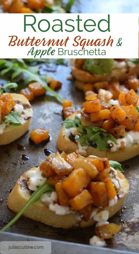 Apple Bruschetta, Butternut Squash Appetizer, Squash Crostini, Squash Appetizers, Fall Appetizer, Butternut Squash Apple, Fall Appetizers, Easy Vegetarian Dinner, Entertaining Food