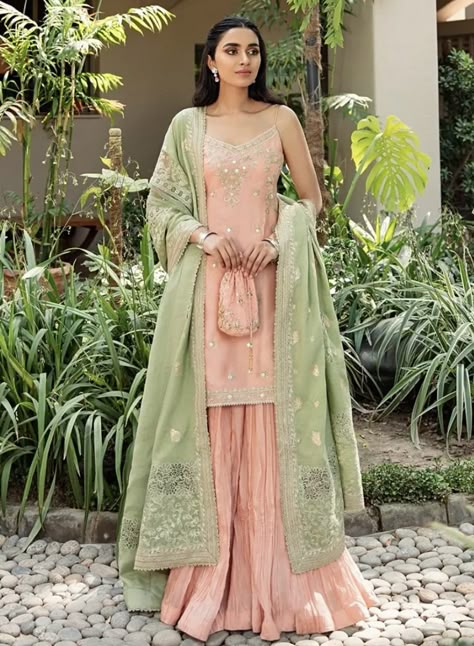 Pastel Indian Suits, Pastel Color Indian Outfits, Fitted Kurti, Peach Traditional Wear With Dupatta For Eid, Peach Traditional Sets With Dupatta, Bollywood Style Light Green Wedding Dupatta, Pastel Green Desi Outfit, Mint Green Indian Dress, Light Green Punjabi Suit