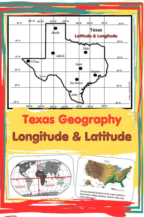 Texas Maps Geography Longitude and Latitude Activities #texasgeography #3rdgradesocialstudies Texas Geography, Types Of Maps, 3rd Grade Social Studies, Cardinal Directions, Continents And Oceans, Map Reading, Map Skills, Latitude Longitude, Texas Map