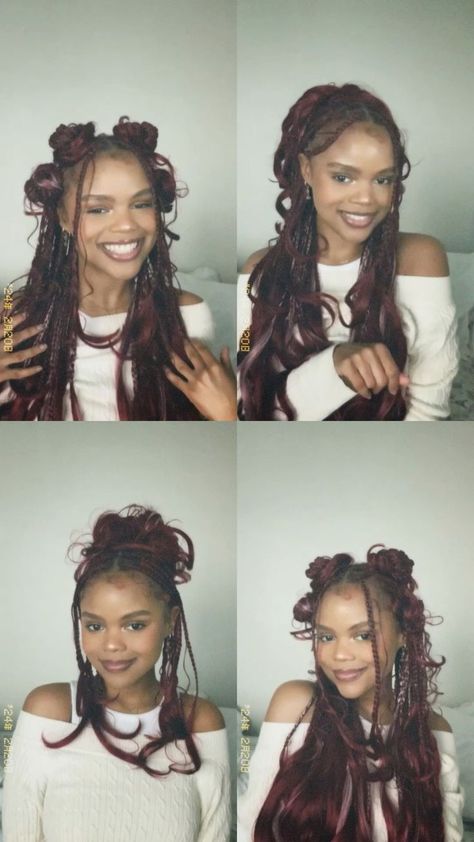 Knotted French Curl Braids, Red Braids French Curls, Cherry Red Braids Black Women, Burgundy Protective Hairstyles, Knot Less Braids Hairstyles With Curls, French Curl Braids Bun, Red French Braids Black Women, Boho Braids Claw Clip, French Curl Braids Hairstyles Updo