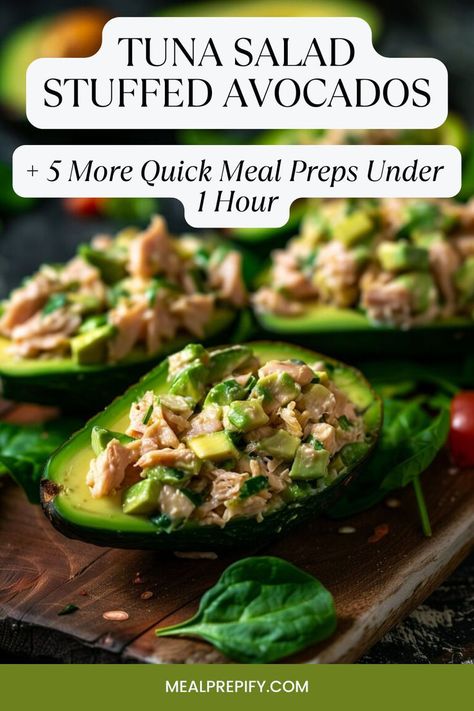 Halved avocados stuffed with tuna salad and fresh greens, perfect for quick meal preps. Make Ahead Recipes, Overnight Chia Pudding, Stuffed Avocados, Veggie Muffins, Quick Meal Prep, Mediterranean Quinoa Salad, Meal Prep Ideas, Meal Preparation, Fun Salads