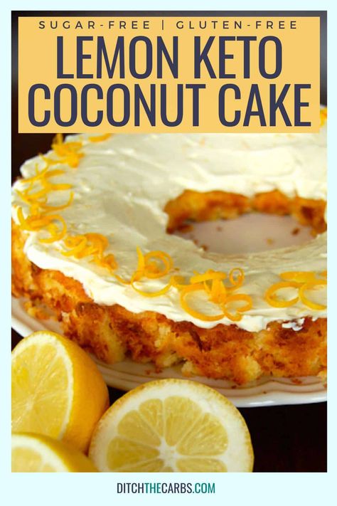 🍋 QUICK ONE-BOWL LEMON KETO COCONUT CAKE (ALMOND FLOUR RECIPE). ✅ GET THE RECIPE: https://www.ditchthecarbs.com/low-carb-lemon-coconut-cake/ 🍋This keto coconut cake with lemon zest is moist and delicious with only 1.8 grams of net carbs per slice. 🍋 It's covered in a sweet keto cream cheese frosting and only takes 10 minutes to make. Coconut Flour Lemon Cake, Keto Duncan Hines Yellow Cake Recipes, Keto Coconut Cake, Cake Almond Flour, Keto Cream Cheese Frosting, Lemon Keto, Blender Cake, Lemon Coconut Cake, Cake Almond