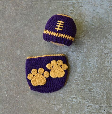 Lsu Football Hat and diaper cover set crochet baby hat Lsu Babies, Baby Bunny Outfit, Lsu Outfits, Baby Football, Pregnancy Calculator, Become A Model, Being A Grandma, Lsu Football, Crochet Newborn