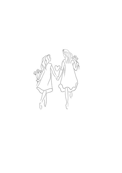 Drawings Of Mom And Daughter, Mother And Daughter Silhouette Tattoo, Mom Daughter Silhouette Tattoo, Mom And Daughter Silhouette Tattoo, Sister Outline Tattoo, Aesthetic Mother Daughter Tattoos, Mami Tatoos, Mother And 3 Daughters Art, Mother Daughter Line Art