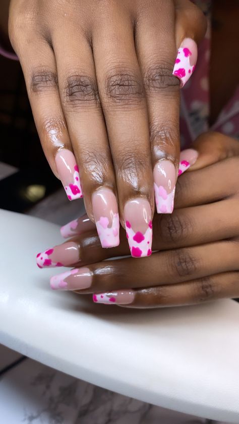 GelX nails, apres nails, cow print nail art Pink Cow Nail Designs, Pink Nails Barbie Girly, Cowgirl Barbie Nails, Strawberry Cow Print Nails, Cow Valentines Nails, Hot Pink Cowgirl Nails, Pink Rodeo Nails, Luke Combs Nail Ideas, Cowgirl Nails Pink