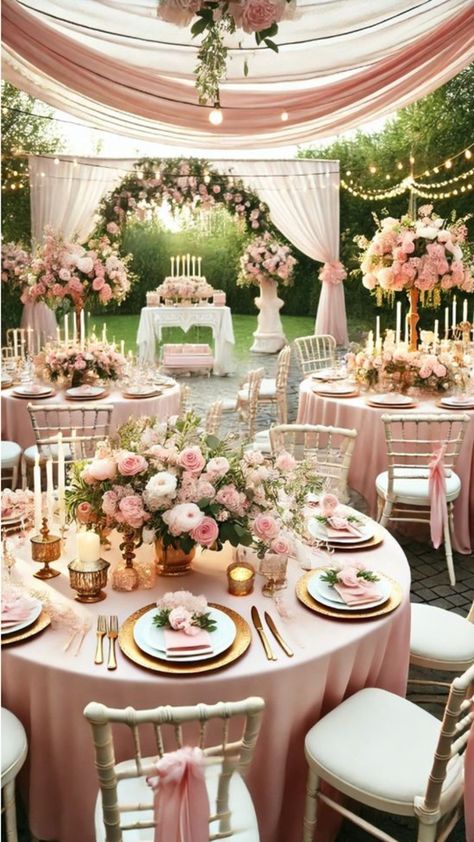 Blush And Champagne Wedding Decorations, Pink Encouraged Wedding Guest, Silver And Pink Decor, Pink And White Engagement Party, Wedding Fairy Theme, Rose Gold Wedding Reception Decor, Pink Wedding Table Settings, Pink And White Wedding Theme, Light Pink Wedding Theme