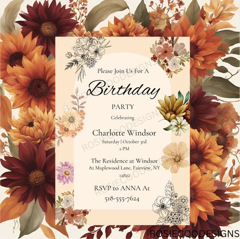 Fall Birthday Invitations, Autumn Birthday, Intimate Gathering, Floral Birthday Invitations, Fall Birthday Parties, Unique Fall, Floral Birthday, Invitation Floral, Botanical Design