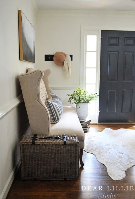 A Few More Changes in our Entryway and How Having a Light Colored Rug in Our Entryway Actually Works - Dear Lillie Studio Entryway Chair, Entryway Chest, Beautiful Wednesday, White Leather Dining Chairs, Overstuffed Chairs, Colored Rug, Dear Lillie, Office Chair Without Wheels, Leather Dining Room Chairs