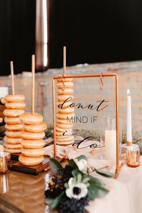 Copper Table Sign Arch Photo: @shantellerasmussenphoto Vinyl: @nieldfam7 Donuts: @krispykreme Copper Wedding Decor, Photo Table Numbers, Table Number Stands, Arch Photo, Pipe Table, Brewery Wedding, Copper Table, Menu Holders, Copper Wedding