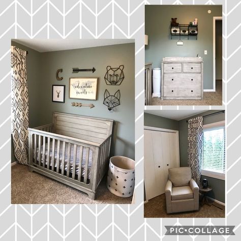 Man Cave Nursery Theme, Woodland Nursery Paint Colors, Gray And Green Nursery, Boy Nursery Ideas Green, Boy Nursery Paint Colors, Green Gray Nursery, Gray Boy Nursery, Nursery Adventure Theme, Green Woodland Nursery