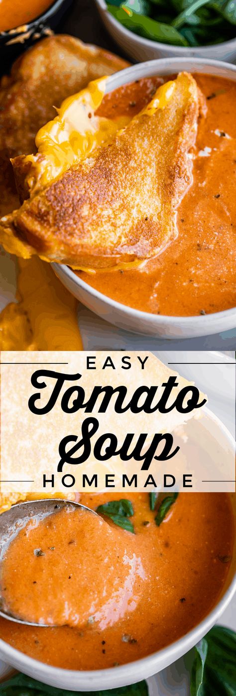 Easy Creamy Tomato Soup (30 minutes) | The Food Charlatan. Learn how to make easy Homemade Creamy Tomato Soup! Say goodbye to the can. We are using a different set of cans (canned tomatoes) to make the best, most flavorful quick tomato soup that's so smooth and rich. It comes together so fast! Make tomato soup with this healthy, delicious soups on the stovetop with this simple, quick creamy tomato soup recipe. Make a few grilled cheese sandwiches and dinner's done! Easy Homemade Tomato Soup, Creamy Tomato Soup Recipe, Homemade Tomato Soup, Soup Homemade, Tomato Soup Easy, The Food Charlatan, Delicious Soups, Tomato Soup Homemade, Canned Tomatoes