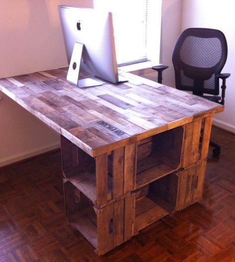 Reduce, Reuse, Repurpose: A Recycled Apple Crate Desk - Weavers Orchard Wooden Crates Desk, Wooden Media Console, Crate Desk, Apple Crate, Diy Wooden Crate, Upcycle Furniture, Crate Diy, Apple Crates, Crate Shelves