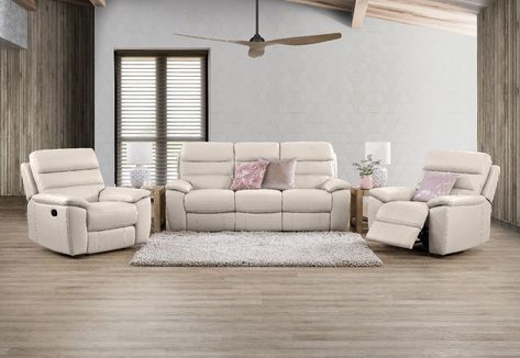 *Featuring 1 x 3 Seater with Inbuilt Recliners and 2 x Recliners, this sofa set ensures ultimate relaxation. The full foam seating guarantees comfort, while the 100% Corrected Grain Leather offers durability. Available in various colors like Grey, Chocolate, Deep Red, and more to suit your style. Safety precautions and assembly details can be found on our website. #sofa #recliner #leather #comfort #homefurniture #livingroom #interiordesign #relaxation #durability #style #assemblyrequired* White Recliner Living Room, Cottage Decorating, Recliner Couch, Living Room Recliner, Lounge Suites, Living Room Sofa Design, Leather Lounge, Leather Recliner, Decor Home Living Room